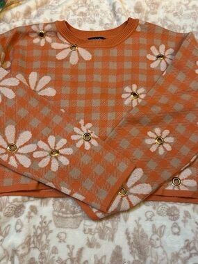 Girls Orange Gingham Daisy Sweater Top